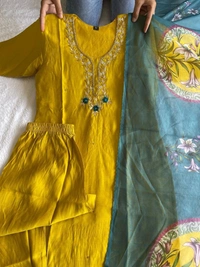 Azorte Fashion Lemon Yellow Kurti Set – Premium Roman Silk with Hand Embroidery & Heavy Chanderi Digital Print Dupatta - XL (42)