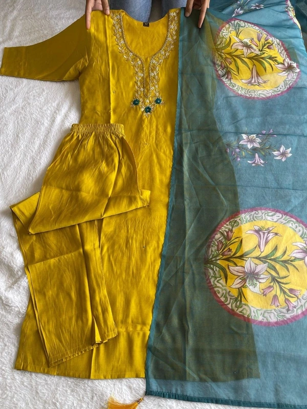 Azorte Fashion Lemon Yellow Kurti Set – Premium Roman Silk with Hand Embroidery & Heavy Chanderi Digital Print Dupatta - XL (42)