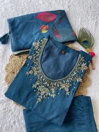 Azorte Fashion Morpich Kurti Set – Premium Roman Silk with Hand Embroidery & Heavy Chanderi Digital Print Dupatta - M (38)