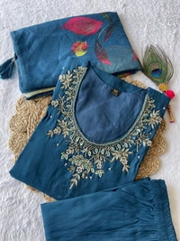 Azorte Fashion Morpich Kurti Set – Premium Roman Silk with Hand Embroidery & Heavy Chanderi Digital Print Dupatta - M (38)