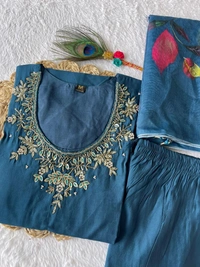 Azorte Fashion Morpich Kurti Set – Premium Roman Silk with Hand Embroidery & Heavy Chanderi Digital Print Dupatta - M (38)