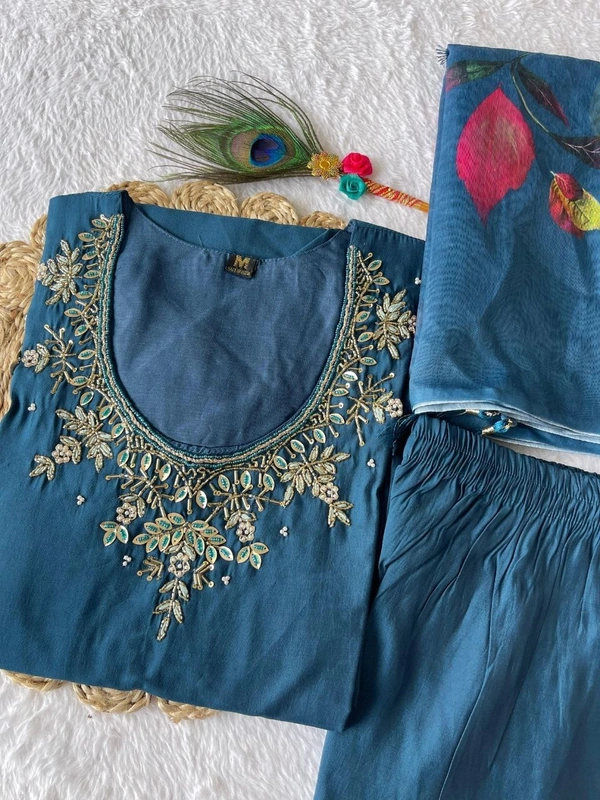 Azorte Fashion Morpich Kurti Set – Premium Roman Silk with Hand Embroidery & Heavy Chanderi Digital Print Dupatta - M (38)