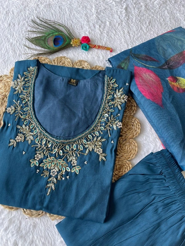 Azorte Fashion Morpich Kurti Set – Premium Roman Silk with Hand Embroidery & Heavy Chanderi Digital Print Dupatta - M (38)