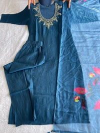 Azorte Fashion Morpich Kurti Set – Premium Roman Silk with Hand Embroidery & Heavy Chanderi Digital Print Dupatta - M (38)