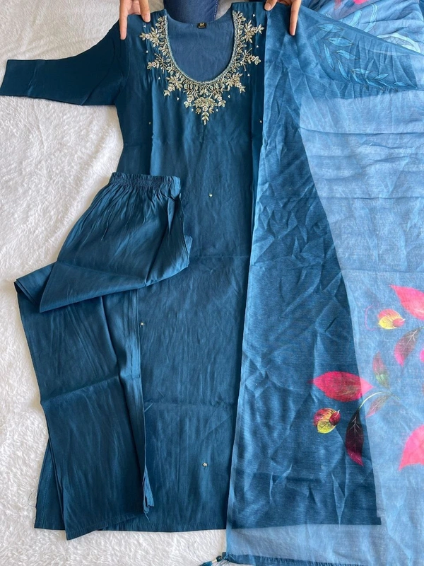 Azorte Fashion Morpich Kurti Set – Premium Roman Silk with Hand Embroidery & Heavy Chanderi Digital Print Dupatta - M (38)
