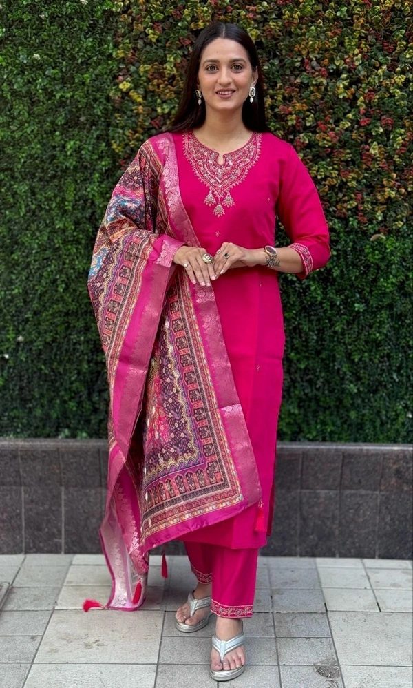 Azorte Fashion Rani Pink Kurti Set – Premium Roman Silk with Multi-Work Embroidery & Heavy Lichi Silk Jacquard Dupatta - M (38)