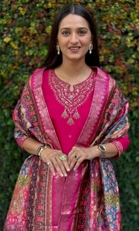 Azorte Fashion Rani Pink Kurti Set – Premium Roman Silk with Multi-Work Embroidery & Heavy Lichi Silk Jacquard Dupatta - M (38)