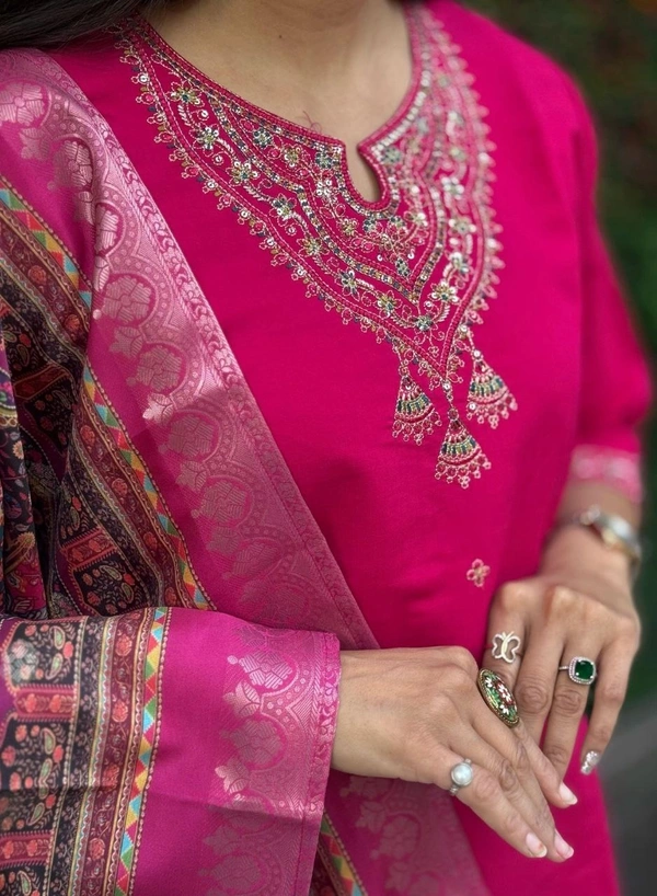 Azorte Fashion Rani Pink Kurti Set – Premium Roman Silk with Multi-Work Embroidery & Heavy Lichi Silk Jacquard Dupatta - M (38)
