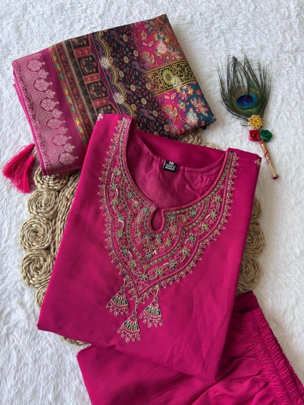 Azorte Fashion Rani Pink Kurti Set – Premium Roman Silk with Multi-Work Embroidery & Heavy Lichi Silk Jacquard Dupatta - M (38)