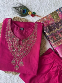 Azorte Fashion Rani Pink Kurti Set – Premium Roman Silk with Multi-Work Embroidery & Heavy Lichi Silk Jacquard Dupatta - M (38)