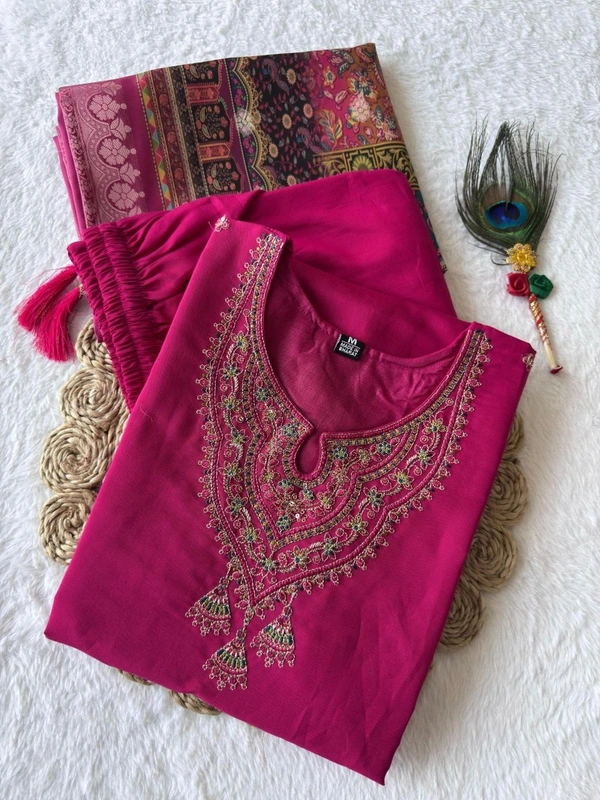 Azorte Fashion Rani Pink Kurti Set – Premium Roman Silk with Multi-Work Embroidery & Heavy Lichi Silk Jacquard Dupatta - M (38)