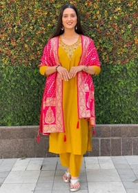 Azorte Fashion Yellow Designer Kurti Set – Premium Roman Silk with Hand Work & Heavy Nylon Muslin Jacquard Dupatta - XXL (44)