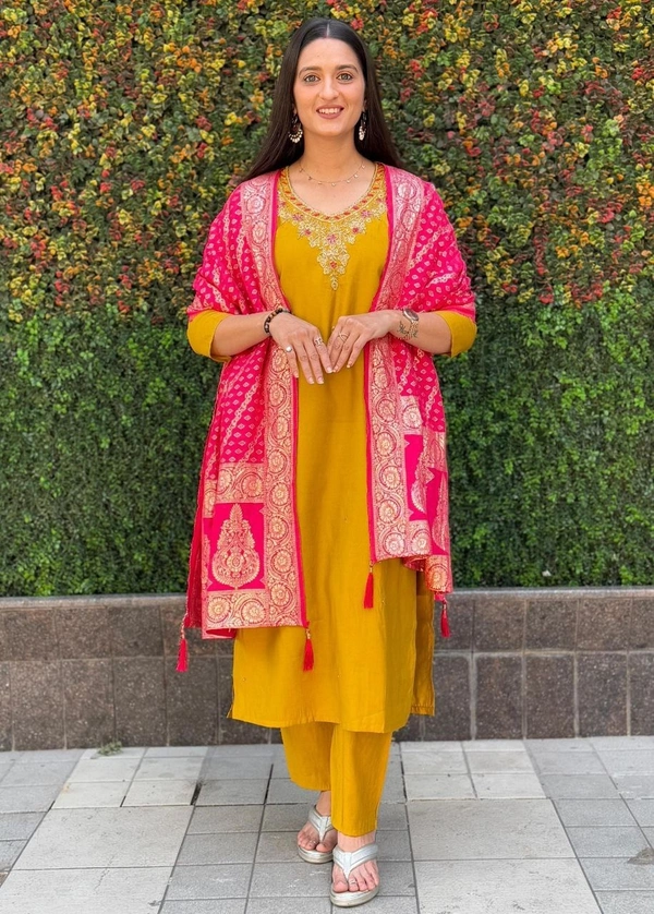 Azorte Fashion Yellow Designer Kurti Set – Premium Roman Silk with Hand Work & Heavy Nylon Muslin Jacquard Dupatta - XXL (44)