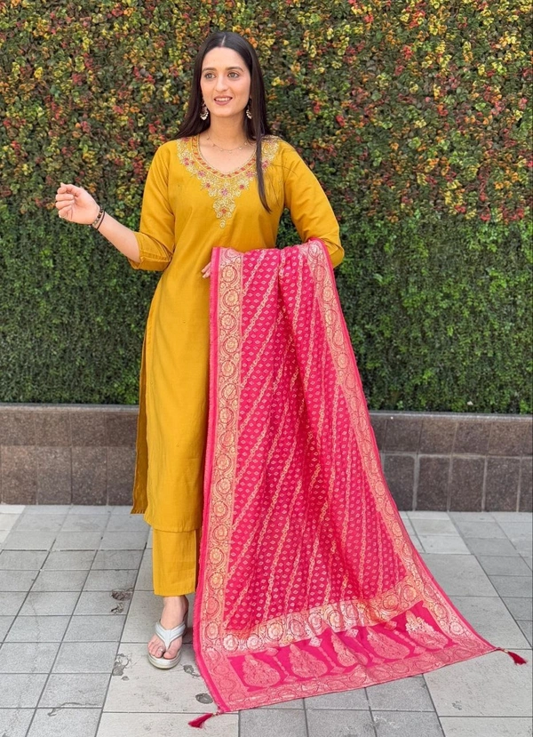 Azorte Fashion Yellow Designer Kurti Set – Premium Roman Silk with Hand Work & Heavy Nylon Muslin Jacquard Dupatta - XXL (44)