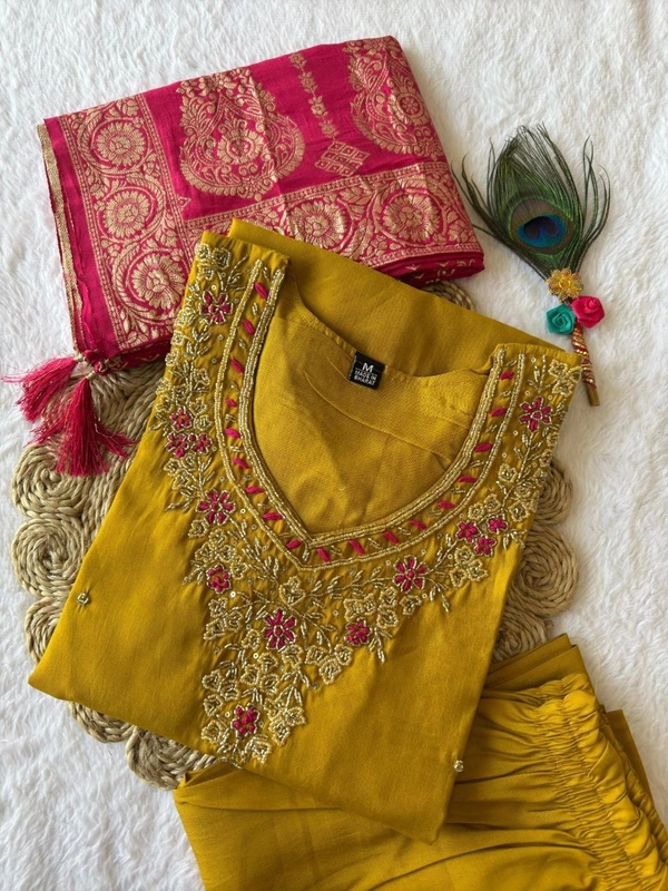 Azorte Fashion Yellow Designer Kurti Set – Premium Roman Silk with Hand Work & Heavy Nylon Muslin Jacquard Dupatta - XXL (44)