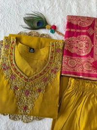 Azorte Fashion Yellow Designer Kurti Set – Premium Roman Silk with Hand Work & Heavy Nylon Muslin Jacquard Dupatta - XXL (44)