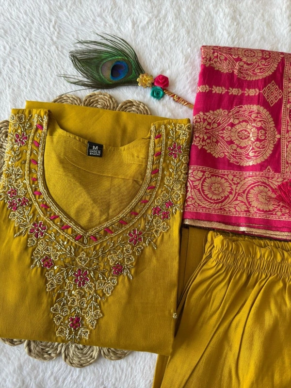 Azorte Fashion Yellow Designer Kurti Set – Premium Roman Silk with Hand Work & Heavy Nylon Muslin Jacquard Dupatta - XXL (44)