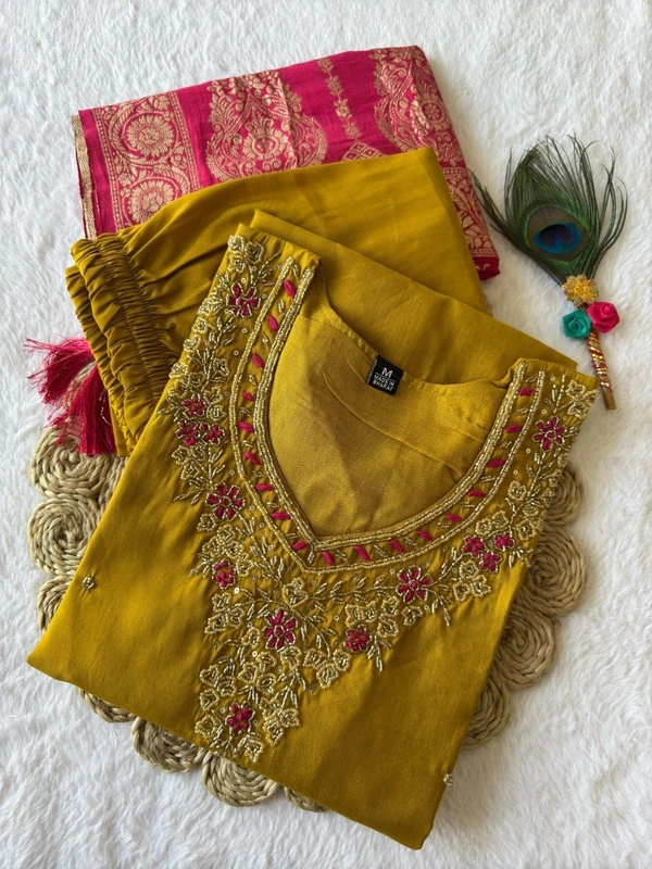 Azorte Fashion Yellow Designer Kurti Set – Premium Roman Silk with Hand Work & Heavy Nylon Muslin Jacquard Dupatta - XXL (44)