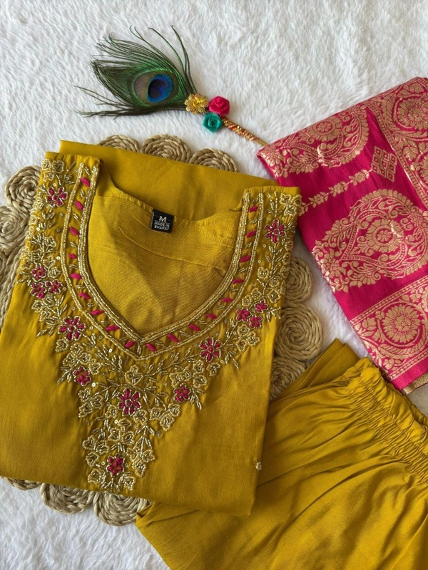 Azorte Fashion Yellow Designer Kurti Set – Premium Roman Silk with Hand Work & Heavy Nylon Muslin Jacquard Dupatta - XXL (44)