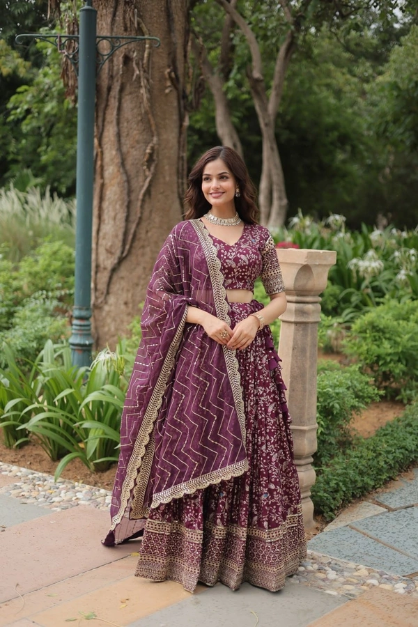 Azorte Fashion Designer Jacquard Lehenga – Pure Dyable Viscose with Golden Sequins Embroidery - Tawny Port, Unstitched Blouse, Stitched Lehenga