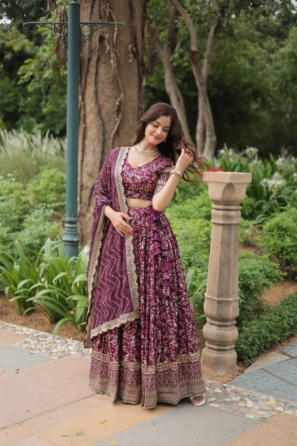 Azorte Fashion Designer Jacquard Lehenga – Pure Dyable Viscose with Golden Sequins Embroidery - Tawny Port, Unstitched Blouse, Stitched Lehenga