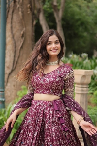 Azorte Fashion Designer Jacquard Lehenga – Pure Dyable Viscose with Golden Sequins Embroidery - Tawny Port, Unstitched Blouse, Stitched Lehenga