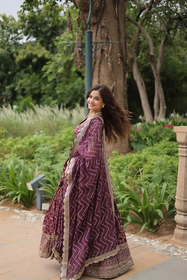 Azorte Fashion Designer Jacquard Lehenga – Pure Dyable Viscose with Golden Sequins Embroidery - Tawny Port, Unstitched Blouse, Stitched Lehenga