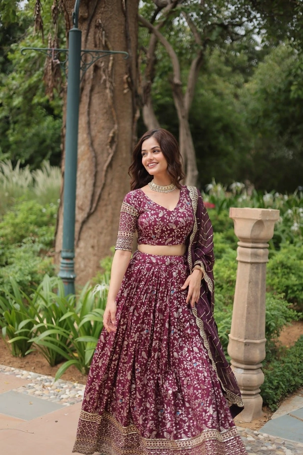 Azorte Fashion Designer Jacquard Lehenga – Pure Dyable Viscose with Golden Sequins Embroidery - Tawny Port, Unstitched Blouse, Stitched Lehenga