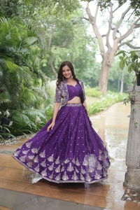 Azorte Fashion Designer Lehenga Choli Set with Sequins Embroidered Koti – Perfect for Weddings & Festive Wear - Full-Stitched, 40 Size Stitched (Alterable from 38” to 44”)