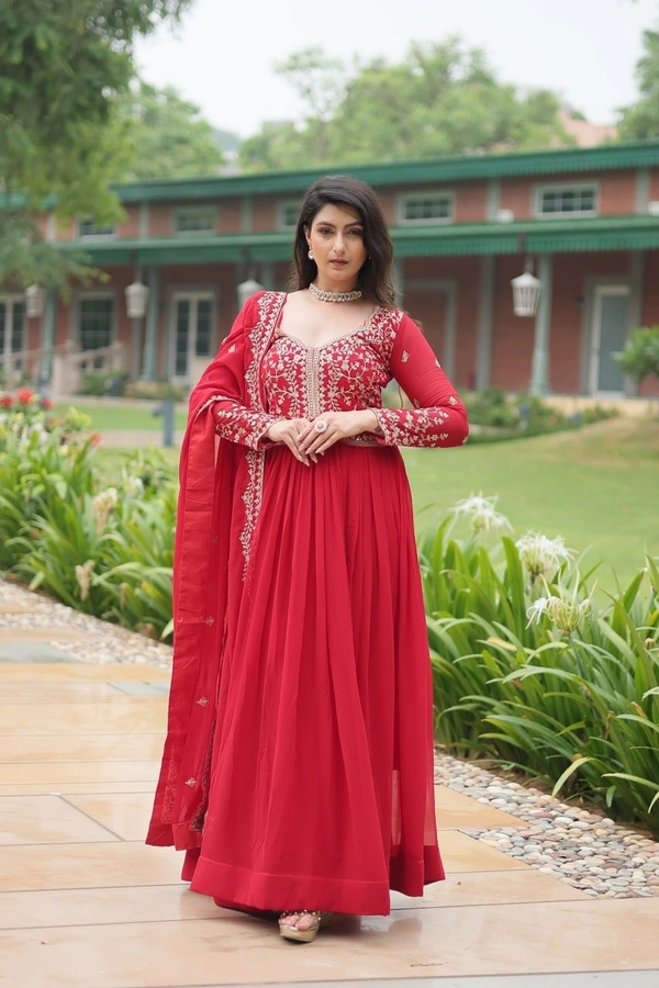 Azorte Fashion Designer Faux Blooming Gown with Sequins & Zari Embroidery – Perfect for Weddings & Parties - Brick Red, XL (42)