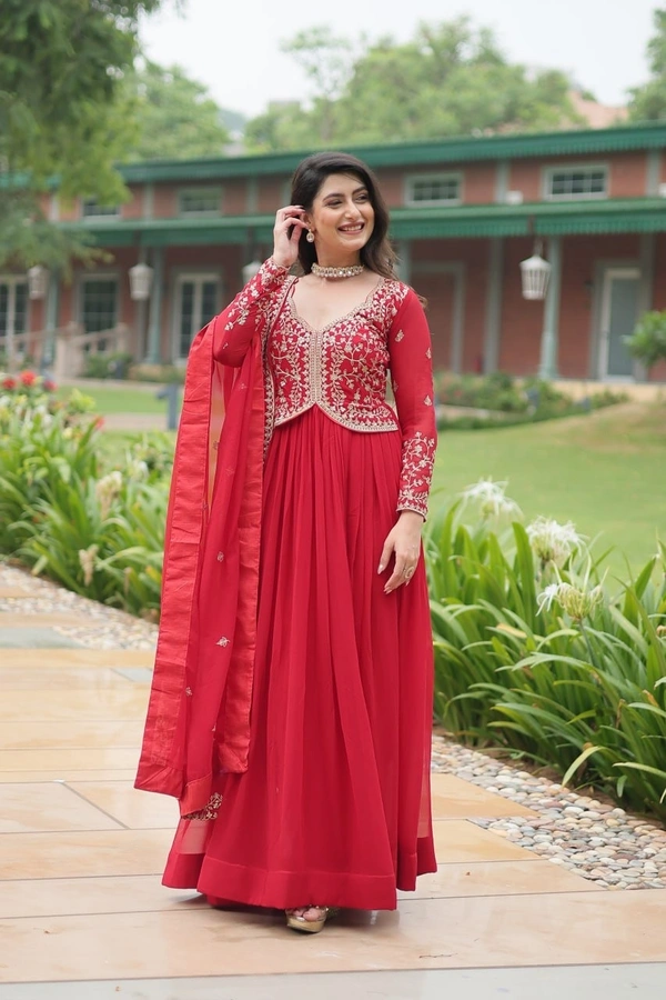 Azorte Fashion Designer Faux Blooming Gown with Sequins & Zari Embroidery – Perfect for Weddings & Parties - Brick Red, XL (42)