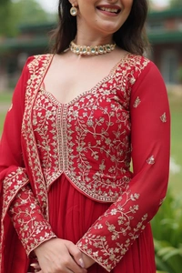 Azorte Fashion Designer Faux Blooming Gown with Sequins & Zari Embroidery – Perfect for Weddings & Parties - Brick Red, XL (42)