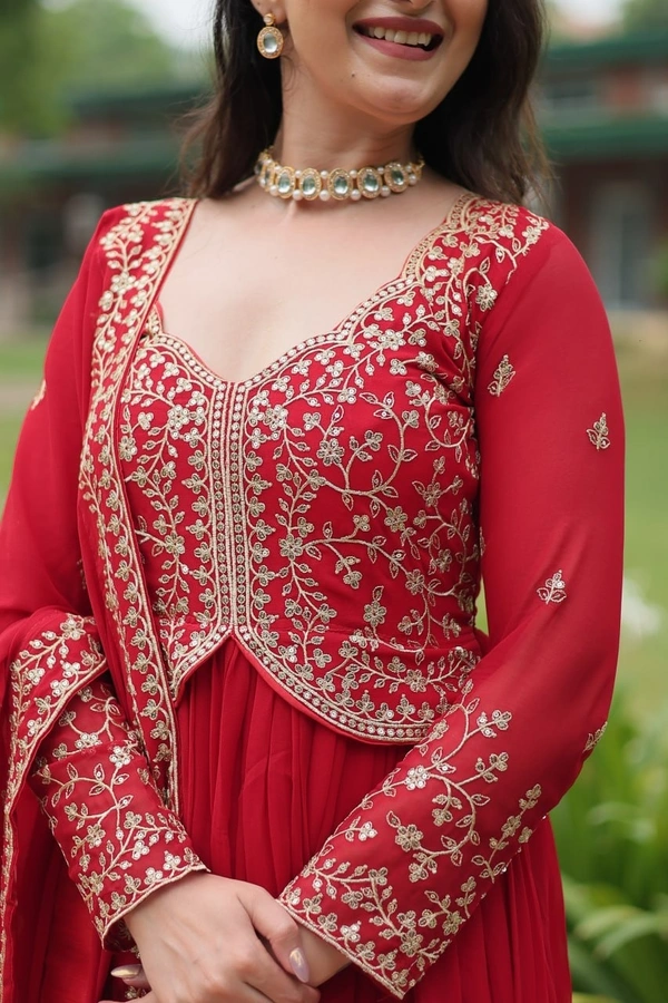 Azorte Fashion Designer Faux Blooming Gown with Sequins & Zari Embroidery – Perfect for Weddings & Parties - Brick Red, XL (42)