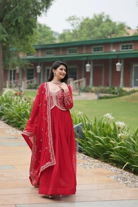 Azorte Fashion Designer Faux Blooming Gown with Sequins & Zari Embroidery – Perfect for Weddings & Parties - Brick Red, XL (42)