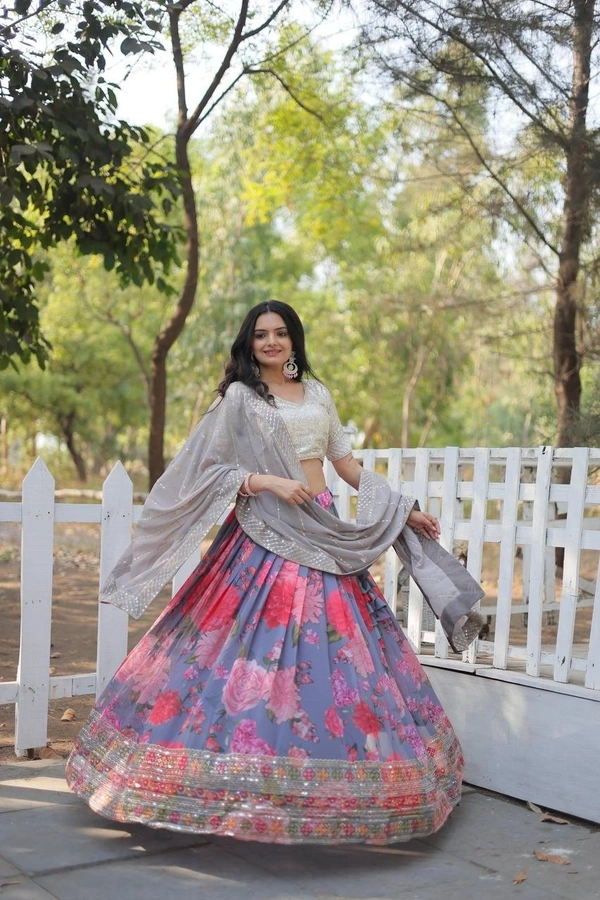 Azorte Fashion Designer Digital Printed Georgette Lehenga Choli with Sequins & Thread Embroidery – Perfect for Weddings & Festive Occasions - Unstitched Blouse, Full Stitched Lehenga