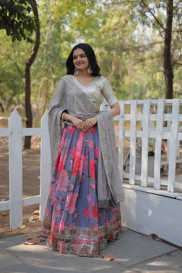 Azorte Fashion Designer Digital Printed Georgette Lehenga Choli with Sequins & Thread Embroidery – Perfect for Weddings & Festive Occasions - Unstitched Blouse, Full Stitched Lehenga