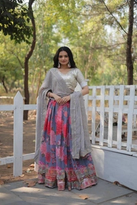 Azorte Fashion Designer Digital Printed Georgette Lehenga Choli with Sequins & Thread Embroidery – Perfect for Weddings & Festive Occasions - Unstitched Blouse, Full Stitched Lehenga