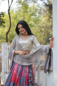 Azorte Fashion Designer Digital Printed Georgette Lehenga Choli with Sequins & Thread Embroidery – Perfect for Weddings & Festive Occasions - Unstitched Blouse, Full Stitched Lehenga