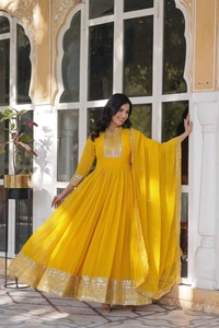 Azorte Fashion Designer Faux Blooming Georgette Gown with Sequins Embroidery & Dupatta – Perfect for Weddings & Festive Occasions - Gamboge, M (38)