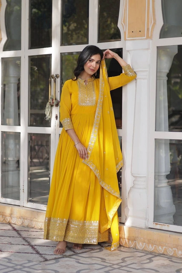 Azorte Fashion Designer Faux Blooming Georgette Gown with Sequins Embroidery & Dupatta – Perfect for Weddings & Festive Occasions - Gamboge, M (38)