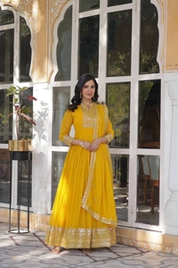 Azorte Fashion Designer Faux Blooming Georgette Gown with Sequins Embroidery & Dupatta – Perfect for Weddings & Festive Occasions - Gamboge, M (38)