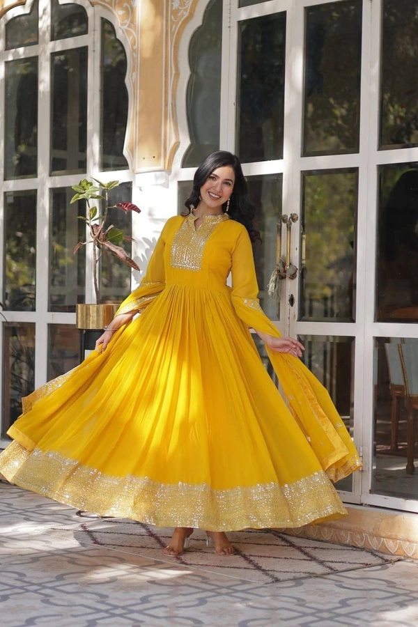 Azorte Fashion Designer Faux Blooming Georgette Gown with Sequins Embroidery & Dupatta – Perfect for Weddings & Festive Occasions - Gamboge, M (38)