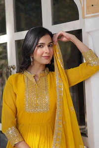 Azorte Fashion Designer Faux Blooming Georgette Gown with Sequins Embroidery & Dupatta – Perfect for Weddings & Festive Occasions - Gamboge, M (38)