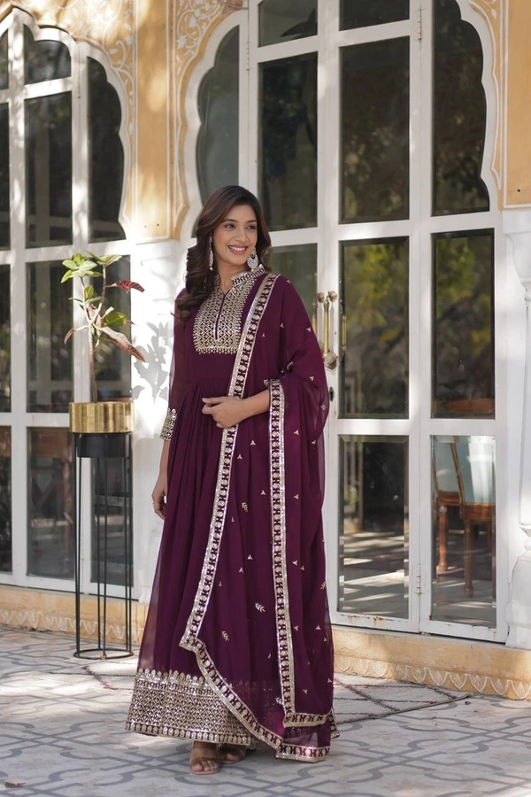 Azorte Fashion Designer Faux Blooming Georgette Gown with Sequins Embroidery & Dupatta – Perfect for Weddings & Festive Occasions - Wine Berry, M (38)
