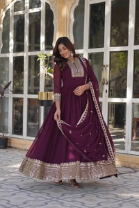 Azorte Fashion Designer Faux Blooming Georgette Gown with Sequins Embroidery & Dupatta – Perfect for Weddings & Festive Occasions - Wine Berry, M (38)