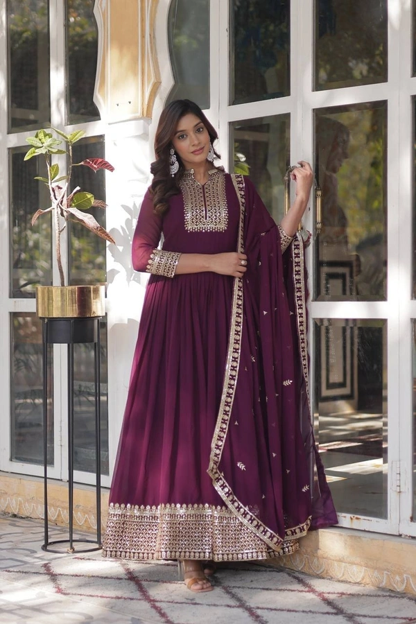 Azorte Fashion Designer Faux Blooming Georgette Gown with Sequins Embroidery & Dupatta – Perfect for Weddings & Festive Occasions - Wine Berry, M (38)