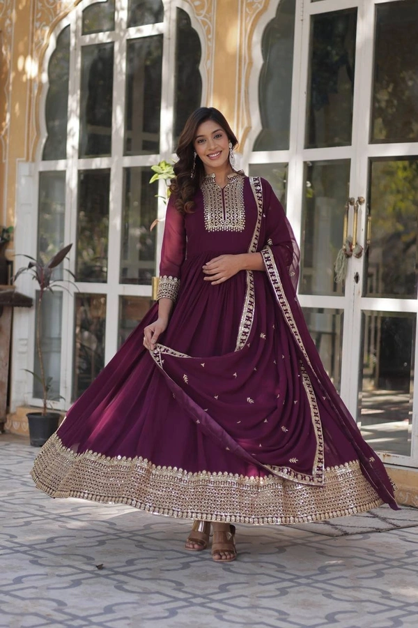 Azorte Fashion Designer Faux Blooming Georgette Gown with Sequins Embroidery & Dupatta – Perfect for Weddings & Festive Occasions - Wine Berry, M (38)