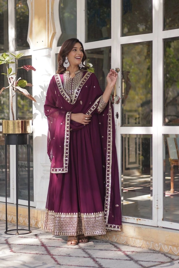 Azorte Fashion Designer Faux Blooming Georgette Gown with Sequins Embroidery & Dupatta – Perfect for Weddings & Festive Occasions - Wine Berry, M (38)