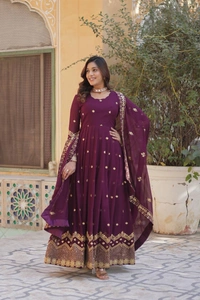 Azorte Fashion Luxury Designer Faux Blooming Georgette Gown with Zari & Sequins Embroidery – Perfect for Weddings & Festive Wear - Wine Berry, M (38)