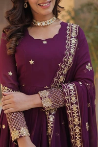 Azorte Fashion Luxury Designer Faux Blooming Georgette Gown with Zari & Sequins Embroidery – Perfect for Weddings & Festive Wear - Wine Berry, M (38)